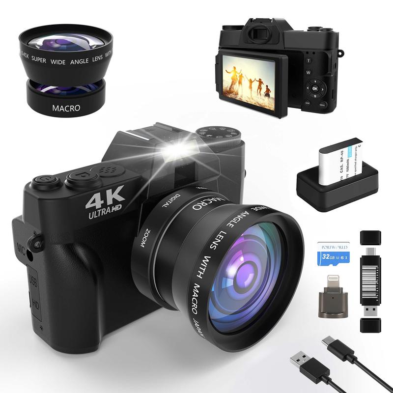 4K 56MP Vlogging Camera with 180° Flip Screen, Compact Camera with 16x Digital Zoom, 32GB TF Card, Summer gift(Black)
