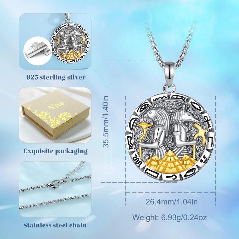 Eudora S925 Sliver Egyptian Necklace, Anubis & Horus God Pendants, Two-Tone Gold Eye of Horus Ankh Amulet,  Mythology Jewelry, Guardian  Hieroglyphics   Gift