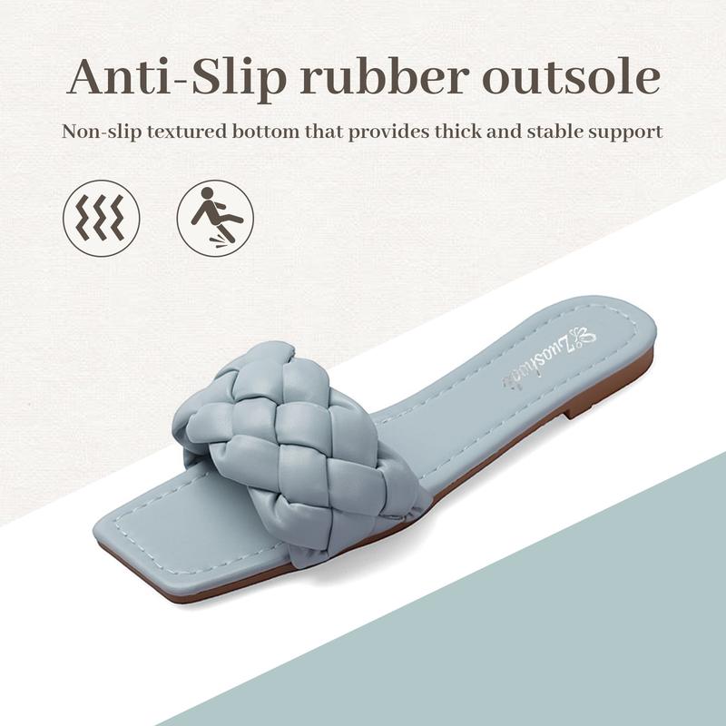 Breathable Fashion Square Toe Slide Sandals Women Woven Open Toe Flat Sandals Non-Slip Lightweight Casual Summer Footwear