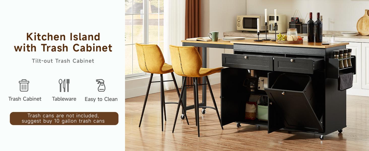 【SPOTLIGHT DAY】ONBRILL 60.2"W Kitchen Island with Two Large Storage Cabinets Drawers Locking Wheels Wood Countertop Power Outlet Spice Rack Paper Towel Holder Rolling Smooth