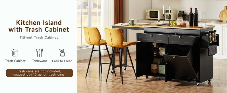 【Valentine's Day Gift】ONBRILL 60.2"W Kitchen Island with Two Large Storage Cabinets Drawers Locking Wheels Wood Countertop Power Outlet Spice Rack Paper Towel Holder Rolling Smooth