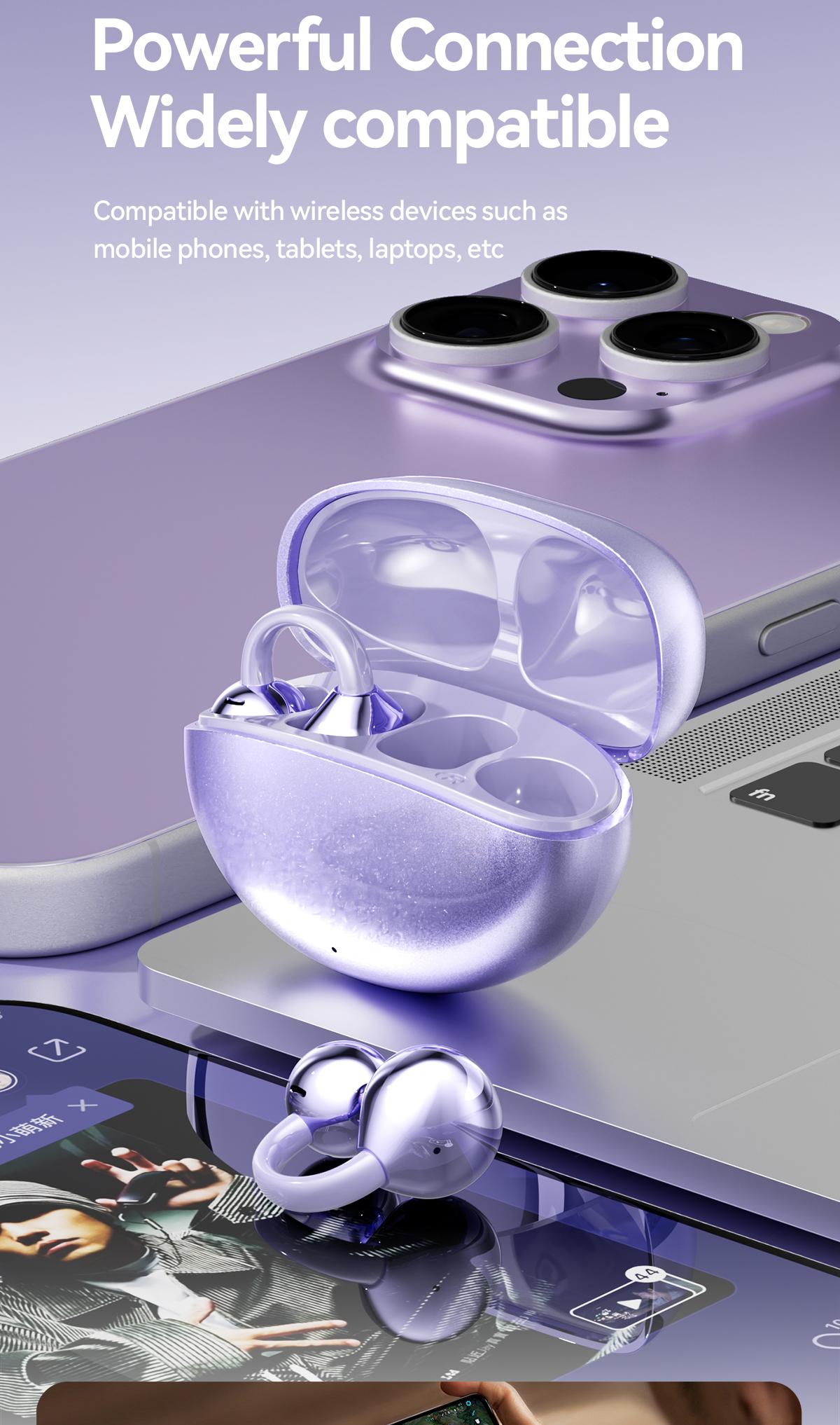 CHENRUIDA GL8 Clip On Wireless Headphones 2025 Bluetooth 6.0 DT6.0 Tech 360° Sound IPX7 Waterproof TWS Earbuds for Music Calls Sports Purple TWS Electronic