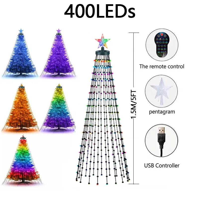 Multifunctional 1.8m 400LEDs App-Controlled Christmas Light Strings, IP65 Waterproof Outdoor-Safe, Themed Color Options, Suitable for DIY Indoor Decor & Tree Star Ornament Placement, App Control deskmakeover