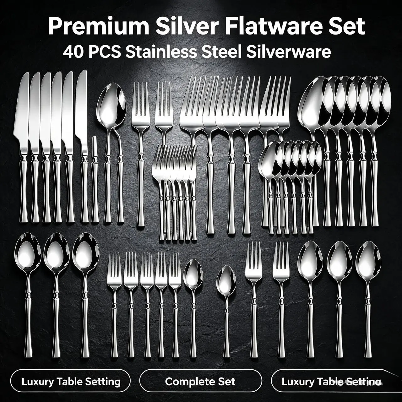 40 Pieces Silver Stainless Steel Flatware Set, Complete Mirror Polished Silverware Utensils Set, Dishwasher Safe Table Setting Decor for Family Dinner, Holiday Banquet, Ideal Housewarming & Wedding Gift  3｜（） tableware