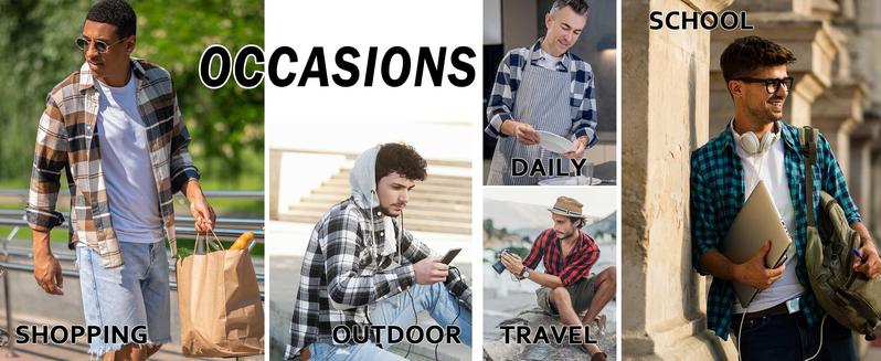 ZITY Men's Blue Brown Plaid Hooded Flannel - Heavyweight Style Soft Fabric Hoodie - Fashion Loose Fit Checked Shirt - Casual Vintage Menswear Tops gifts