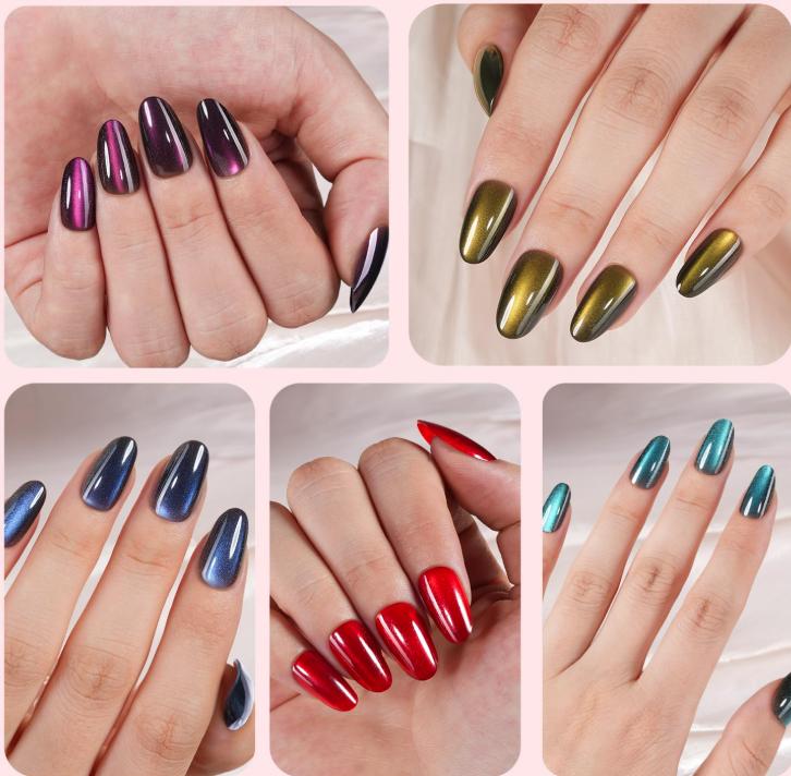 150Pcs Cat Eye Press on Nails, Plauva Short Oval Cat Eye Nail Tips, Glossy Glitter Fake Nails, Soft Gel Stick On Nails for Women and Girls 15 Sizes