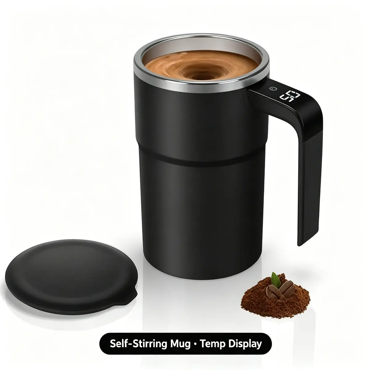 Self Stirring Coffee Mug, USB Rechargeable Magnetic Automatic Mixing Cup with Temperature Display, Stainless Steel Auto Stirring Tumbler with Lid for Coffee Tea Milk Cocoa, Portable Travel Mug for Office Home Kitchen