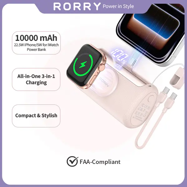 RORRY PalmGo Portable Charger Power Bank 10000mAh 3-in-1 Mini Battery Pack Built-in USB-C Connector 22.5W Fast Charging for iPhone 17/16/15 Apple Watch iPad Travel Essential Pocket Size Backtoschool,back to school,back to school haul