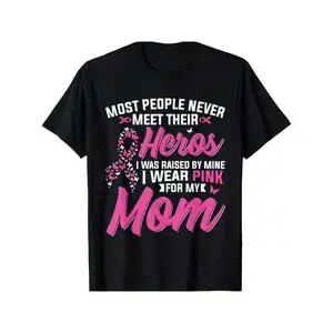 Supportive 'My Heroes I Wear Pink for My Mom' Breast Cancer Awareness T-Shirt - Soft Cotton Blend, Casual Fit, Round Neck, Short Sleeve - Black with Pink Ribbon & Butterfly Design, Sizes S-3XL, Awareness Apparel |    double  Retro  Vintage Metalcore Graph