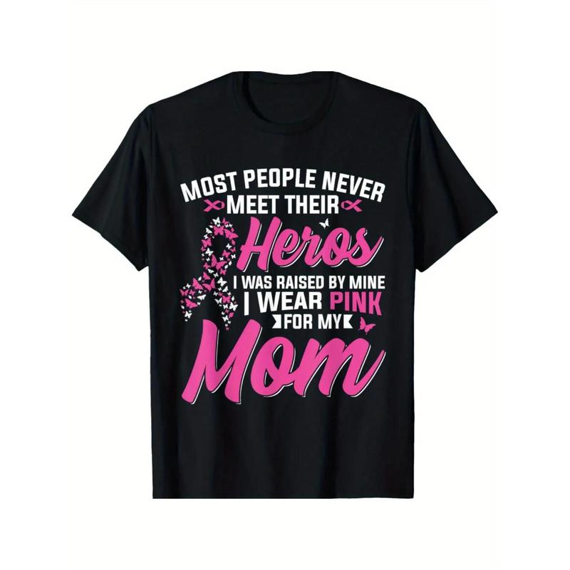 Men's Supportive Breast Cancer Awareness Graphic T-Shirt (Menswear), 'My Heroes I Wear Pink for My Mom' Awareness Msg, Soft Cotton Blend, Casual Fit, Round Neck, Short Sleeve, Black with Pink Ribbon & Butterfly, Metalcore Print, Multi-Size S-3XL
