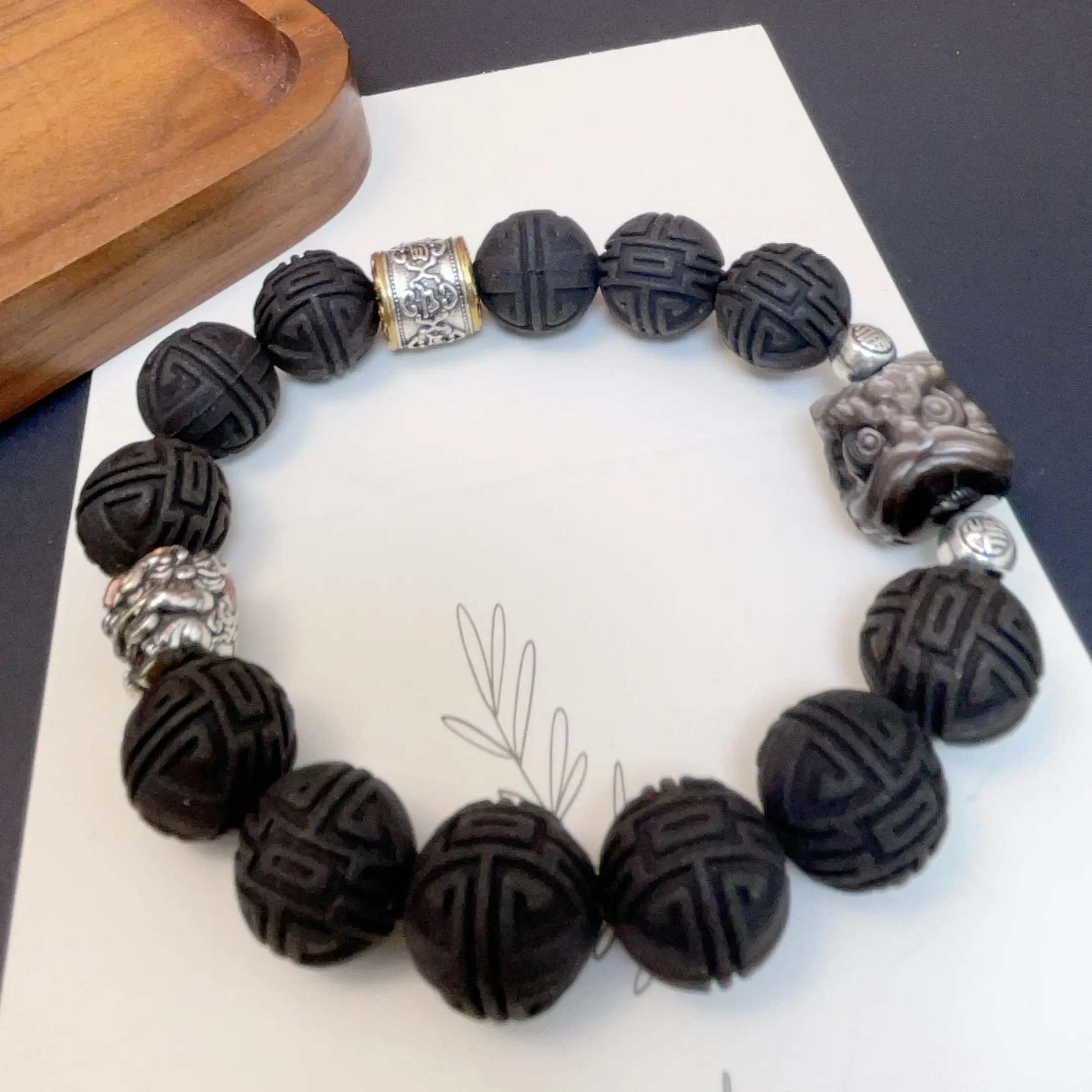 16MM Cinnamon Woody Handmade Incense Aromatherapy Bracelet attracting wealth and protection with Pixiu+Six Syllable Mantra+Lion