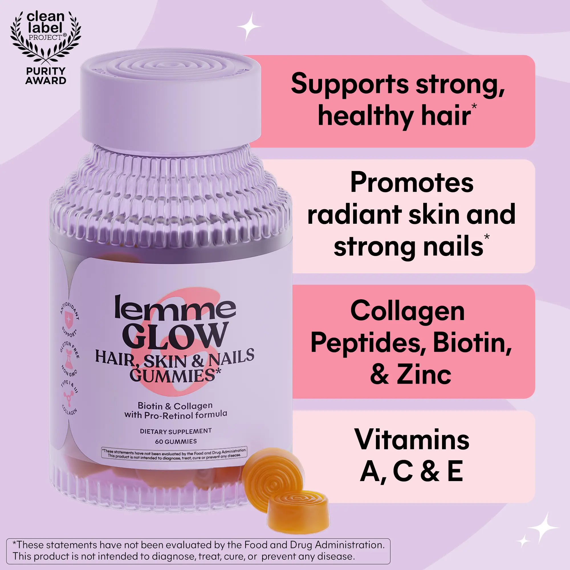 Lemme Glow Collagen Gummies for Thick Hair, Strong Nails & Healthy Skin with Multi-Collagen Peptides, Biotin, Trace Minerals, Zinc, Vitamins A, C & E, Dairy & Gluten Free, Peach Flavor, 60 ct.