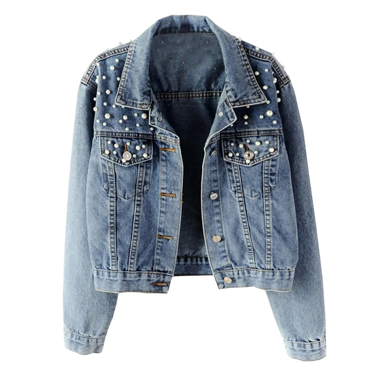 Hixiaohe Women's Fashion Loose Embroidered Pearls Beading Cropped Denim Jacket Jean Coat TikTokShopBlackFriday,back to school,back to school shopping