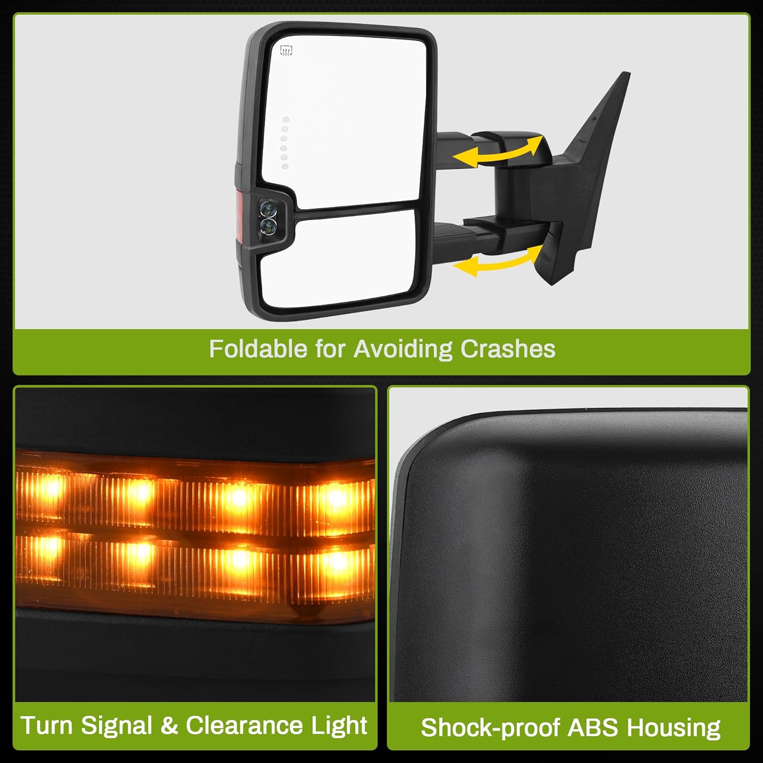 YITAMOTOR Towing Mirrors Compatible with 2007-2013 Chevy Silverado GMC Sierra 1500 2500HD 3500HD Extendable Power Heated Amber LED Turn Signal Manual Telescoping Folding Black Housing