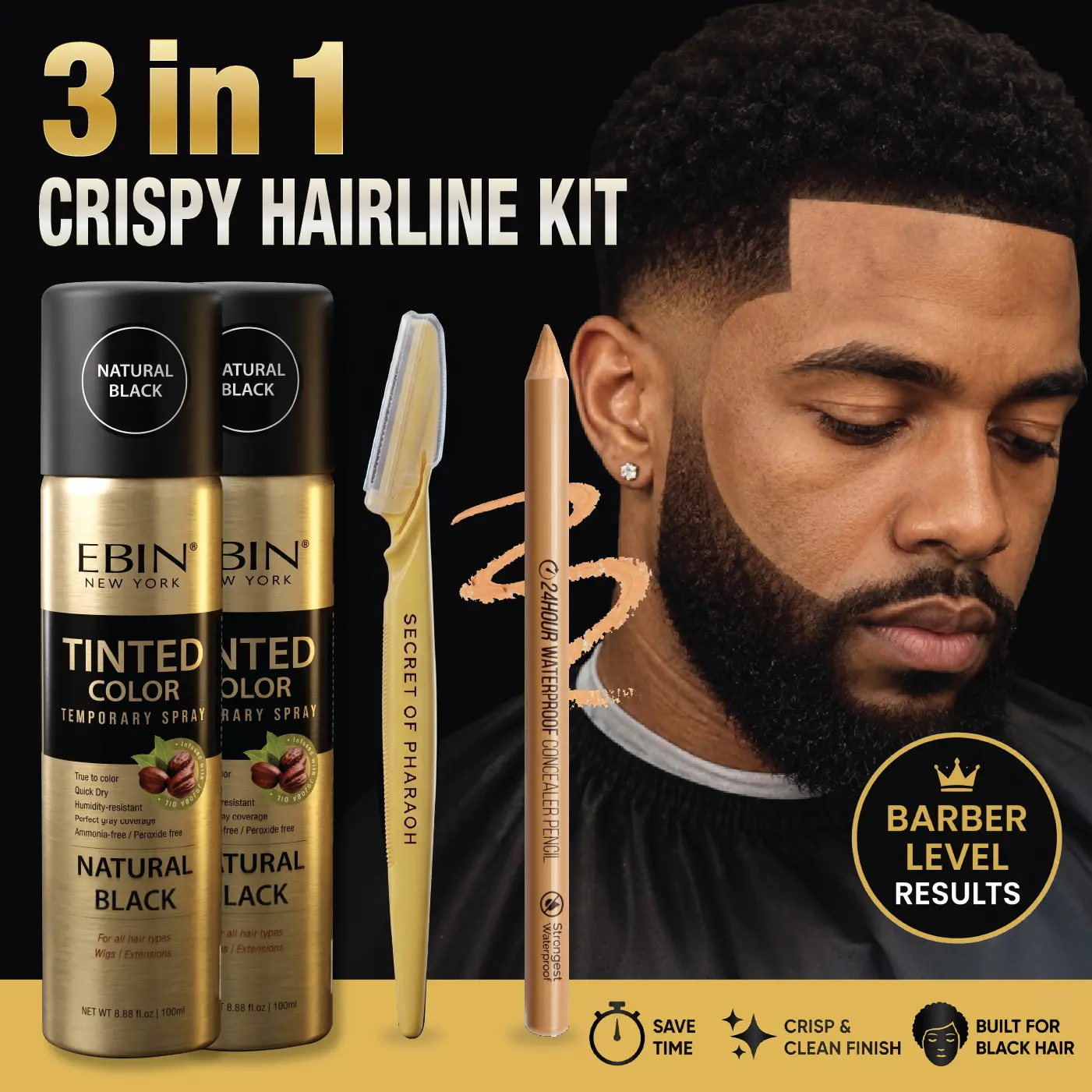 3-In-1 Temporary Hairline Enhancement Spray Kit with Free Precision Razor & sweatproof Pencil – Professional Crisp Lineup At Home (Natural Black)
