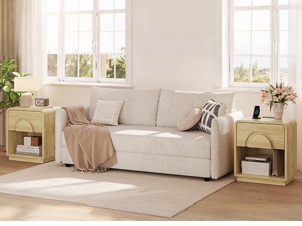 Bestier Nightstand with Charging Station, Modern LED End Table Bedside Table with Drawer for Bedroom & Living Room, Natual Oak