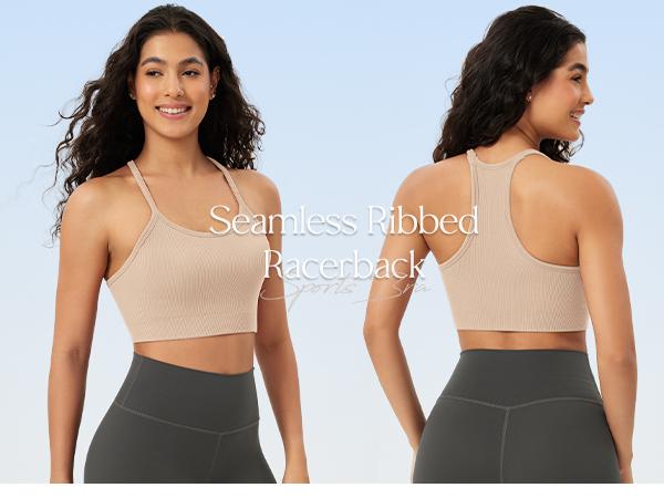ODODOS 3-Pack Seamless Racerback Sports Bra for Women Ribbed Camisoles Wireless Yoga Bra Crop Tank Tops