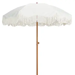 AMMSUN Boho Fringe Umbrella Outdoor Patio, 6.5ft UPF50+ Picnic Umbrella with Tassels with Steel Pole and Push Button Tilt, Antique White