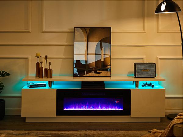 [Ships in 2 Boxes] VanAcc Fireplace TV Stand with Electric Fireplace, Modern High Gloss Entertainment Center with LED Lights, 2 Tier Console Cabinet for Living Room, Bedroom, Office, Remote Control, Multi-color available