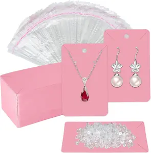 Pink Earring Display Cards with 100Pcs Earring Holder Cards, 200 Pcs Ear Backs and 100Pcs Jewelry Packaging Bags for Necklace Jewelry Display (3.5" X 2.3" Inches) Twavang
