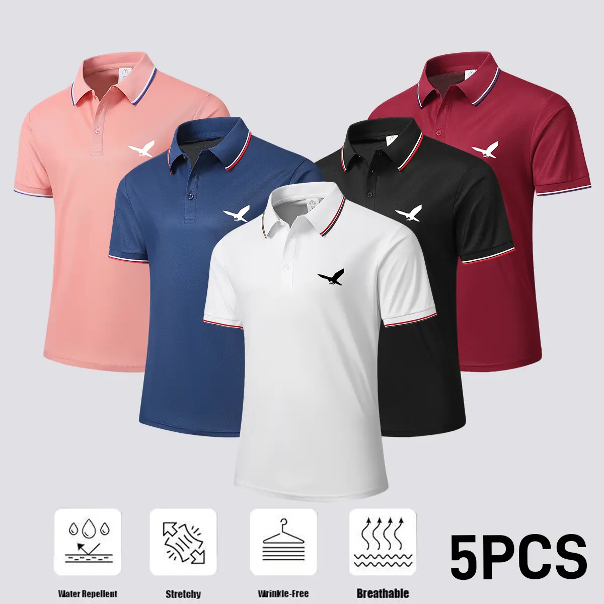 Set of 5 men’s polo shirts—soft, breathable short sleeves suitable for golf, badminton, outdoor cycling, and everyday casual wear; men’s short-sleeve summer apparel.