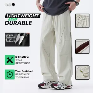 Men's Solid-Color Drawstring-Waist Cargo Pants with Pockets Y2K Street-Style Loose Fit Casual White Cargo Pants for Everyday Wear - Menswear