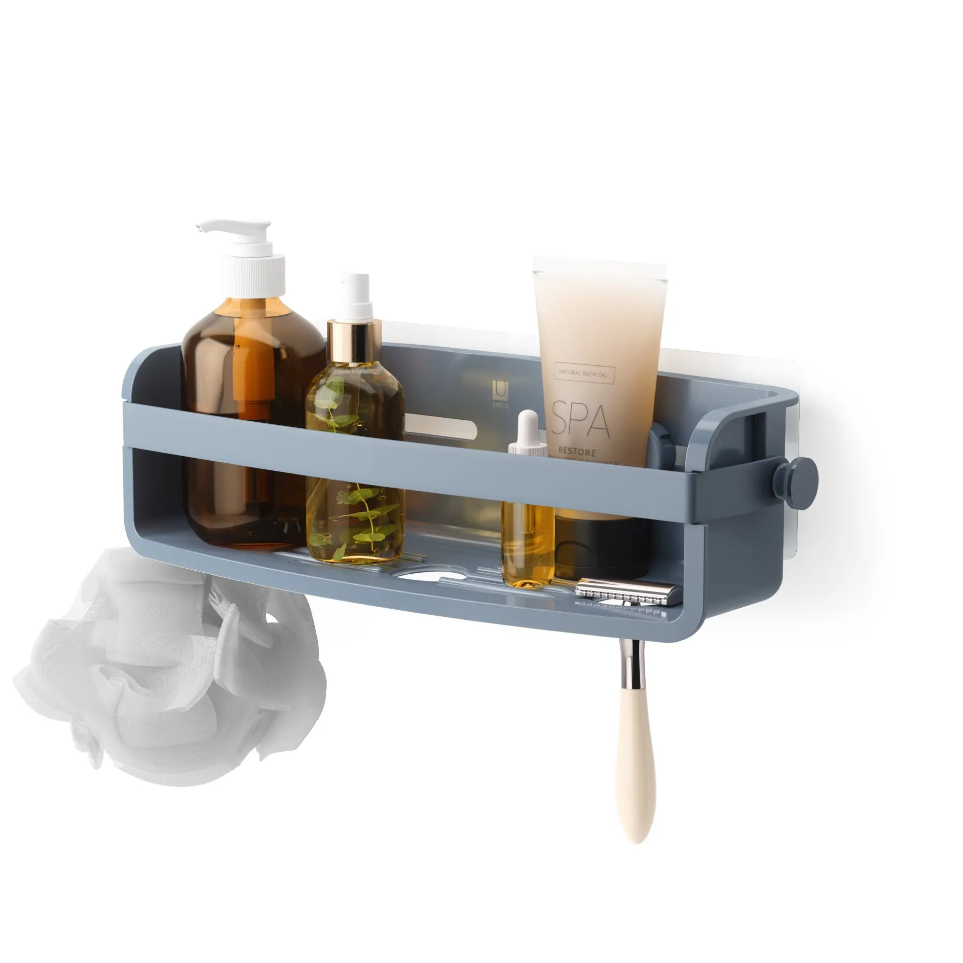 Umbra Flex Adhesive Shower Bin - Waterproof Plastic Hanging Shower Caddy with Drainage Holes & Hooks for Bathroom Storage