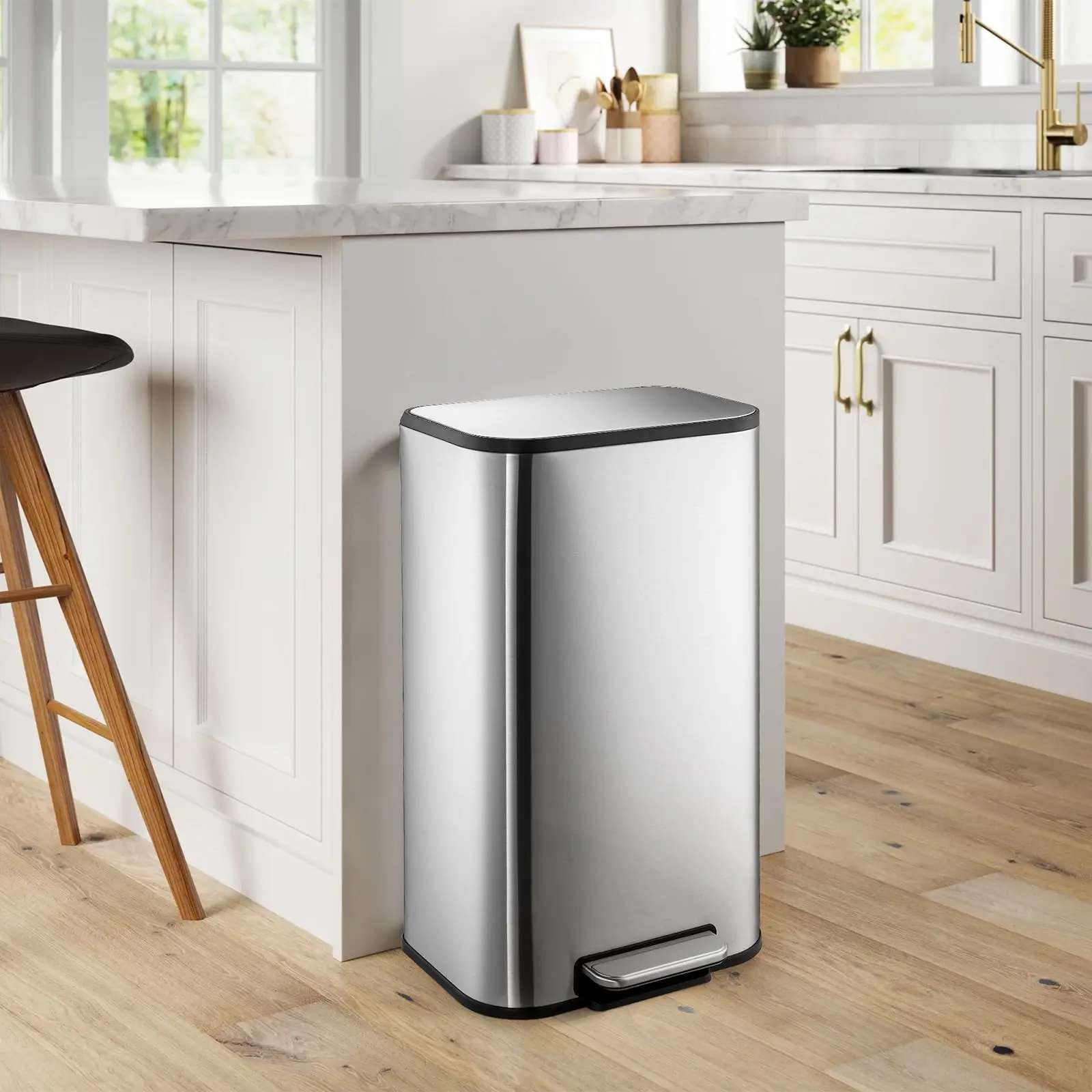 Garvee Stainless Steel Step-On Waste Bin - Quiet Close Lid, Removable Inner Bucket, Rectangular Shape, for Kitchen/Bathroom & Home Offices, 12L & 30L Capacities