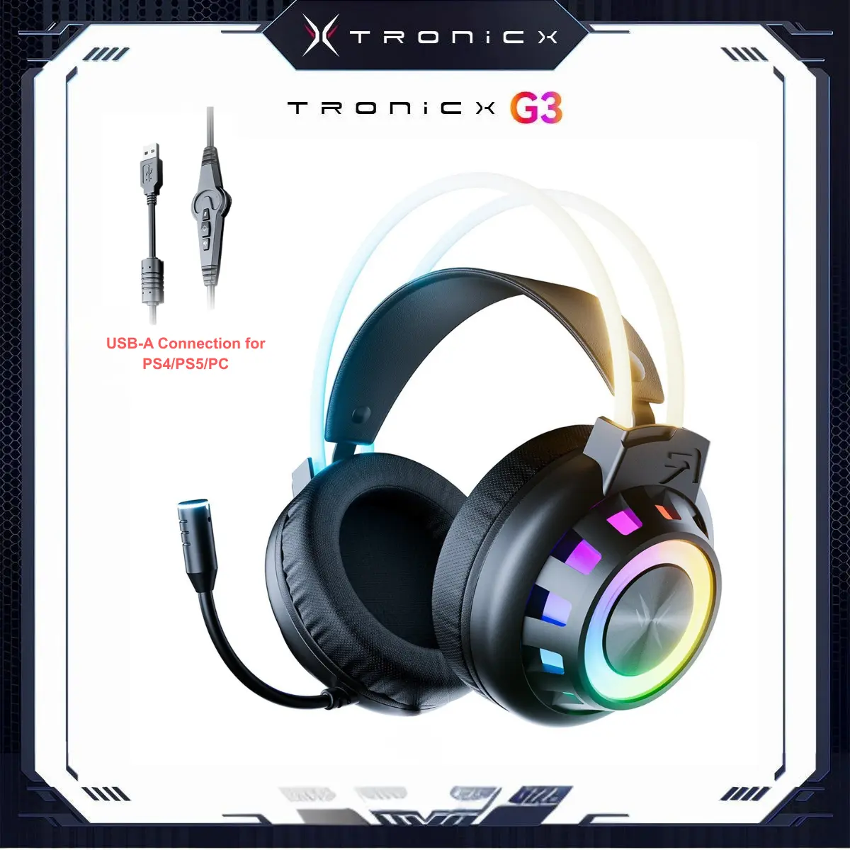 [Back to School] TAGRY TRONICX Immersive G3 Wired PC Gaming Headset Gamer Gifts for him with 50mm Driver, Noise Cancelling Mic, USB-A with 7.1 Surround Sound, Control Box for Xbox/PC/PS5 Console/Switch Dock Mode Gaming Console tiktokshopbacktoschool