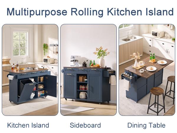 PieDle 57" Multifunctional Rolling Kitchen Island with Trash Can Storage, Power Outlet & Drop Leaf, Open Shelves, Large Islands Cart on Wheels with 3 Drawers, 5-Wheel Mobile Island Table for Kitchen