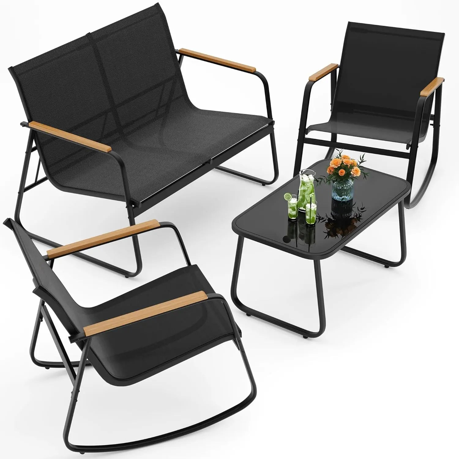 GIZOON 4-Piece Patio Furniture Set, Textilene Conversation Set, Black | Weather-resistant Textilene Set with Wooden Armrests, 2 Rocking Chairs and Coffee Table for Patio, Balcony and Outdoor Living