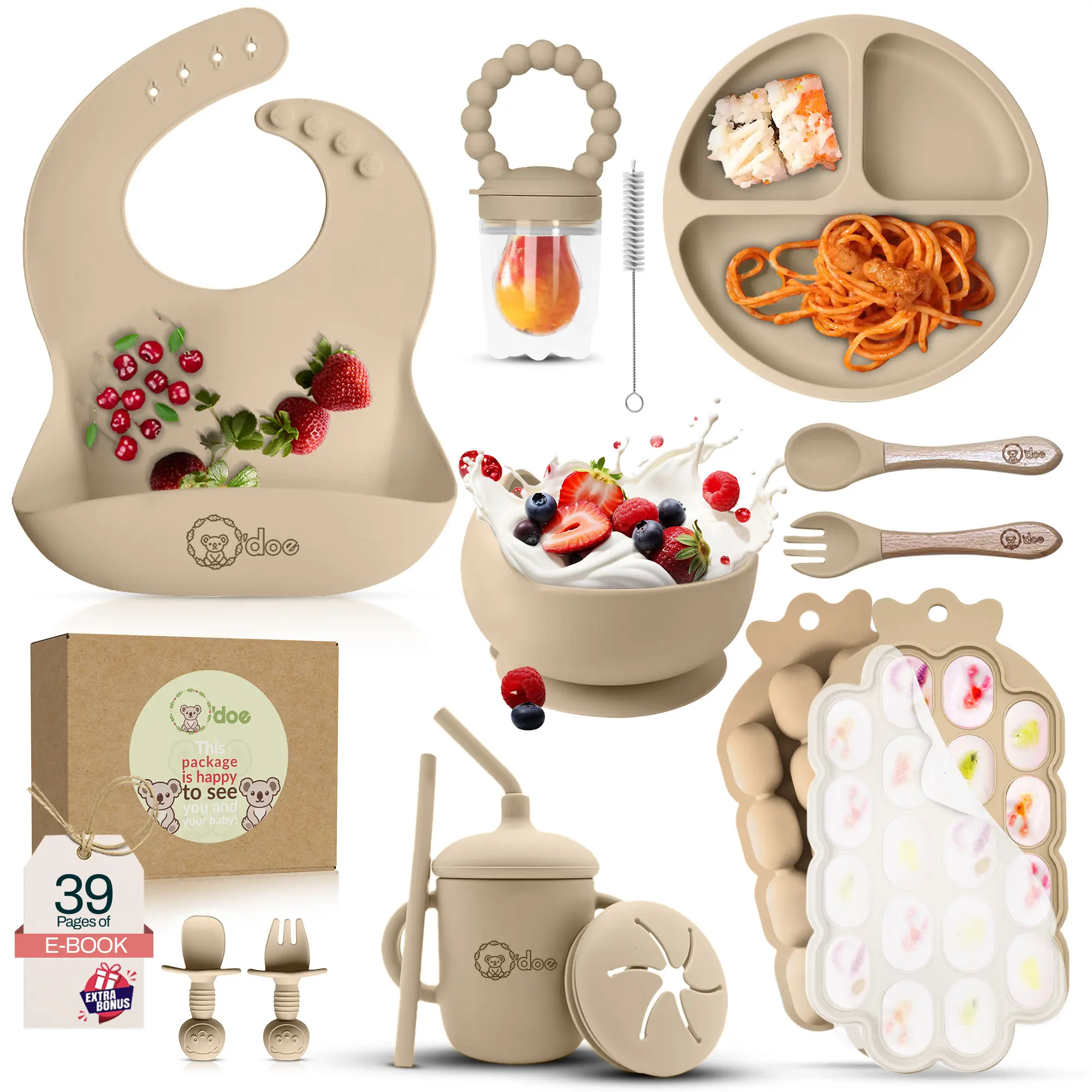 o'doe Baby Weaning Set, 15 Pcs Food Grade Silicone Feeding Kit for 6-12 Months with Suction Plate & Bowl, Durable Utensils Tableware for Baby-Led Weaning, Natural Non-Toxic & BPA Free, Safe Baby Utensils