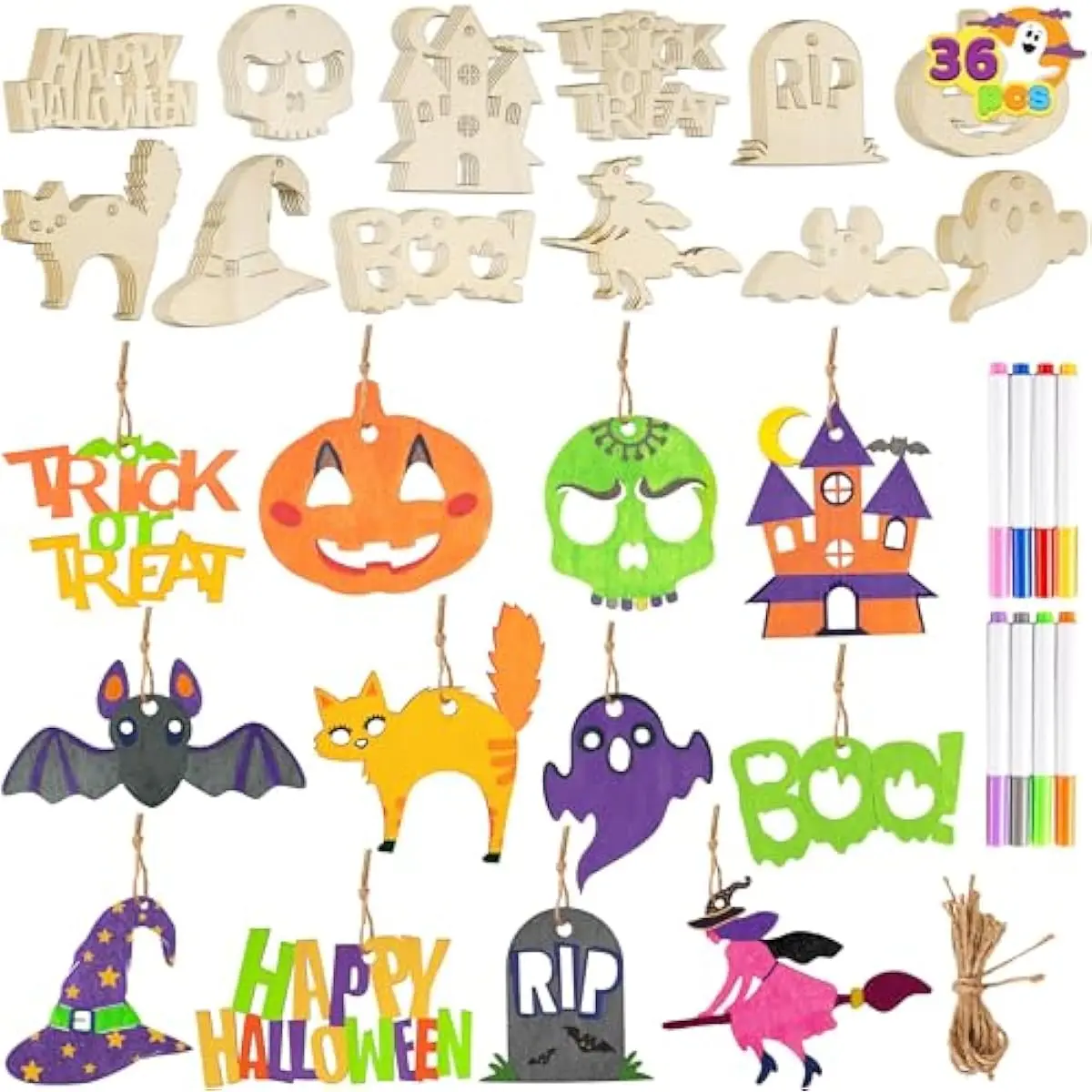 JOYIN 36 Pcs Halloween Craft Wooden Painting Kit, Halloween Party Supplies, Party Favors for Kids, Wood Blank Cutouts Ornaments, Gift Tags Decor for School Art DIY Activities Goodies Games(Age 8+)