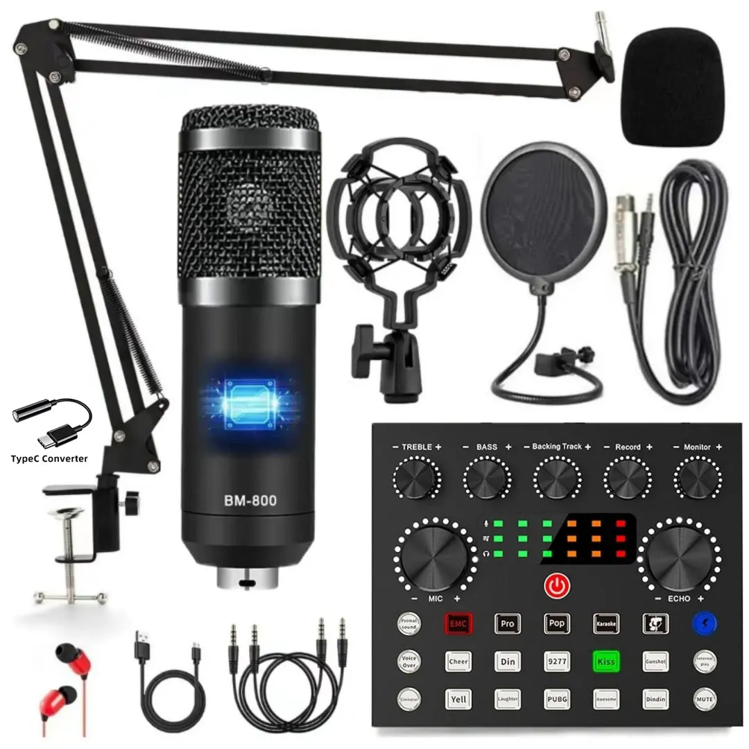 Safring Podcast Equipment Bundle, BM800 Podcast usb rechargeable Microphone Bundle with V8s Voice Changer, Condenser Microphone Recording Studio Package for Podcasting Live Streaming Singing TikTok YouTube dynamic mic sound card desk clamp#Summervibes