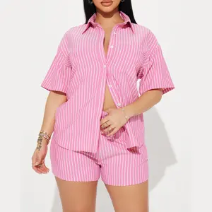 Striped Short Sleeve Button Up and Shorts Suit