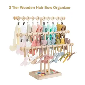 Baby Girl Headband Holder Stand – 3 Tier Wooden Hair Bow Organizer, Infant Headband & Hair Accessories Storage Rack Display for Nursery Decor