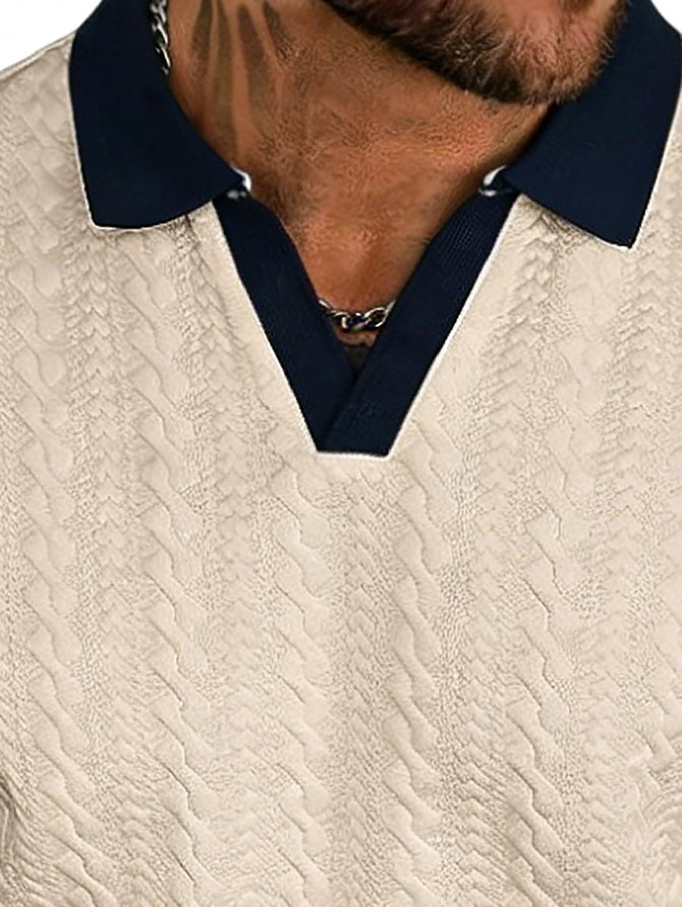 Men’s contrast-color short-sleeve casual commuter polo shirt Men’s knit polo shirt Cream-colored men’s polo shirt Men’s V-neck knit sweater Men’s short-sleeve knit polo shirt Men’s textured polo shirt Retro-style men’s polo shirt SpringStatements