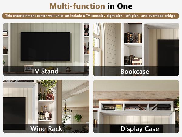 [Ships in 3 Boxes] [Spring Sale] AMERLIFE 98in Farmhouse Wall Unit TV Stand with 36" Fireplace, Bookshelves, Wine Cabinet, Fits 78" TVs, Entertainment Center with Power Outlets & Drawers, Media Console, Living Room/Best Gift Ideas/Christmas Gifts