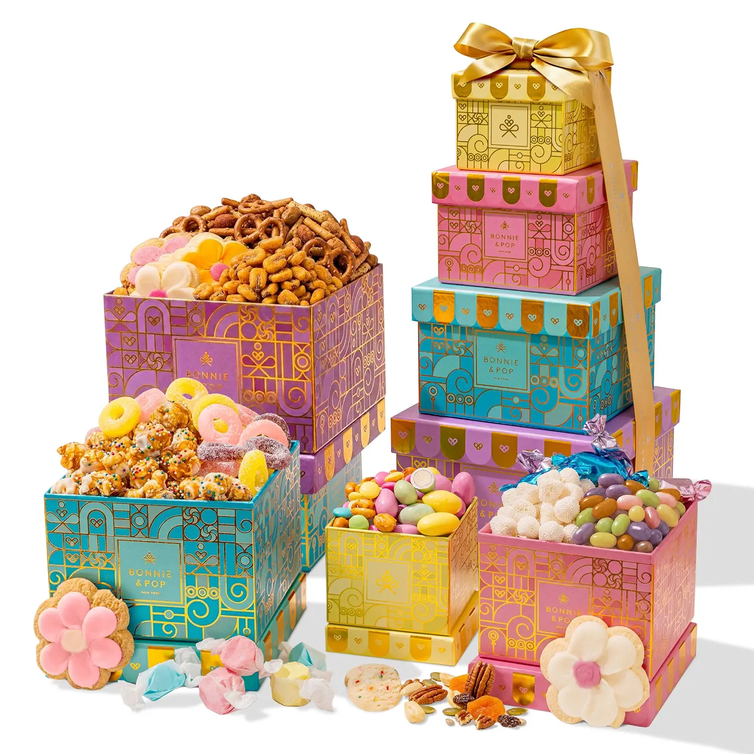 Summer Gift Tower, Gourmet Candy & Snack Box Assortment with Popcorn, Cookies, Taffy, Nuts, Caramels & Sweet Treats - Bonnie & Pop
