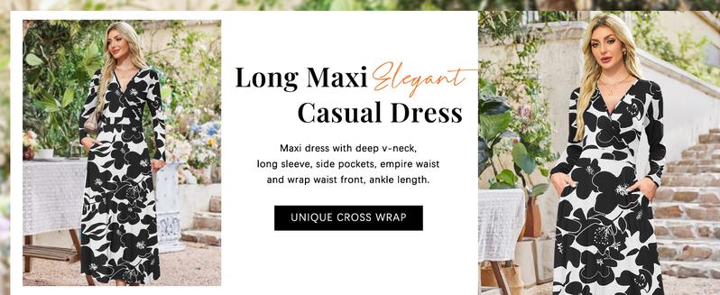 AUSELILY Maxi Dresses for Women, Cross Vneck, Longsleeve Ankle Length Floral Print Flowy Dress with Pockets