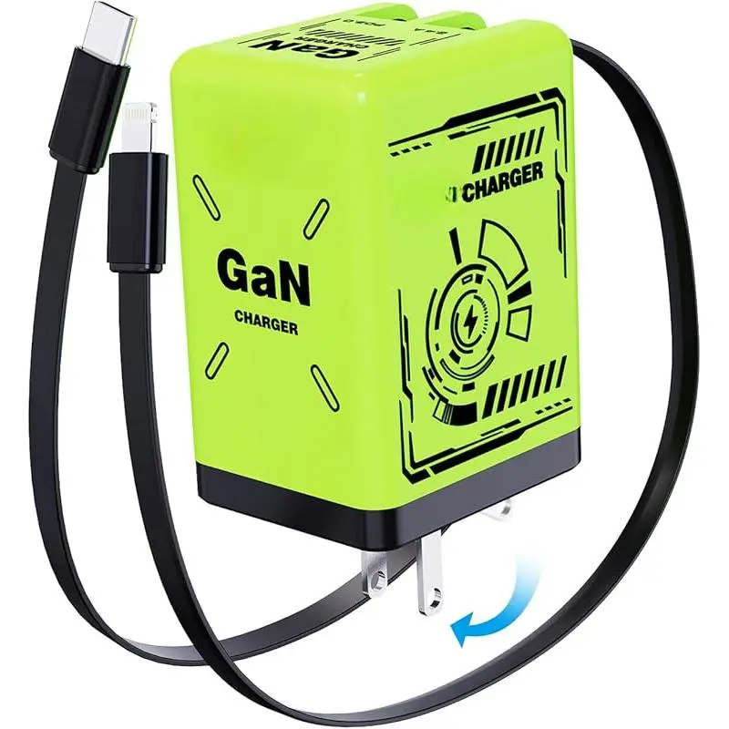 45W GaN Fast Charging Travel Wall Plug - Auto-Retract Dual Cables Charger with Type-C/Lightning for iPhone 16/15/14/13/12/11, Galaxy S25/24 (Green), Travel Charger, Iphone/Galaxy