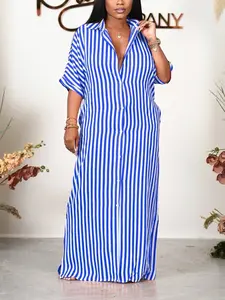 Blue and White Stripe Maxi Shirt Dress - Short Sleeve Button Front for Summer Beach Days