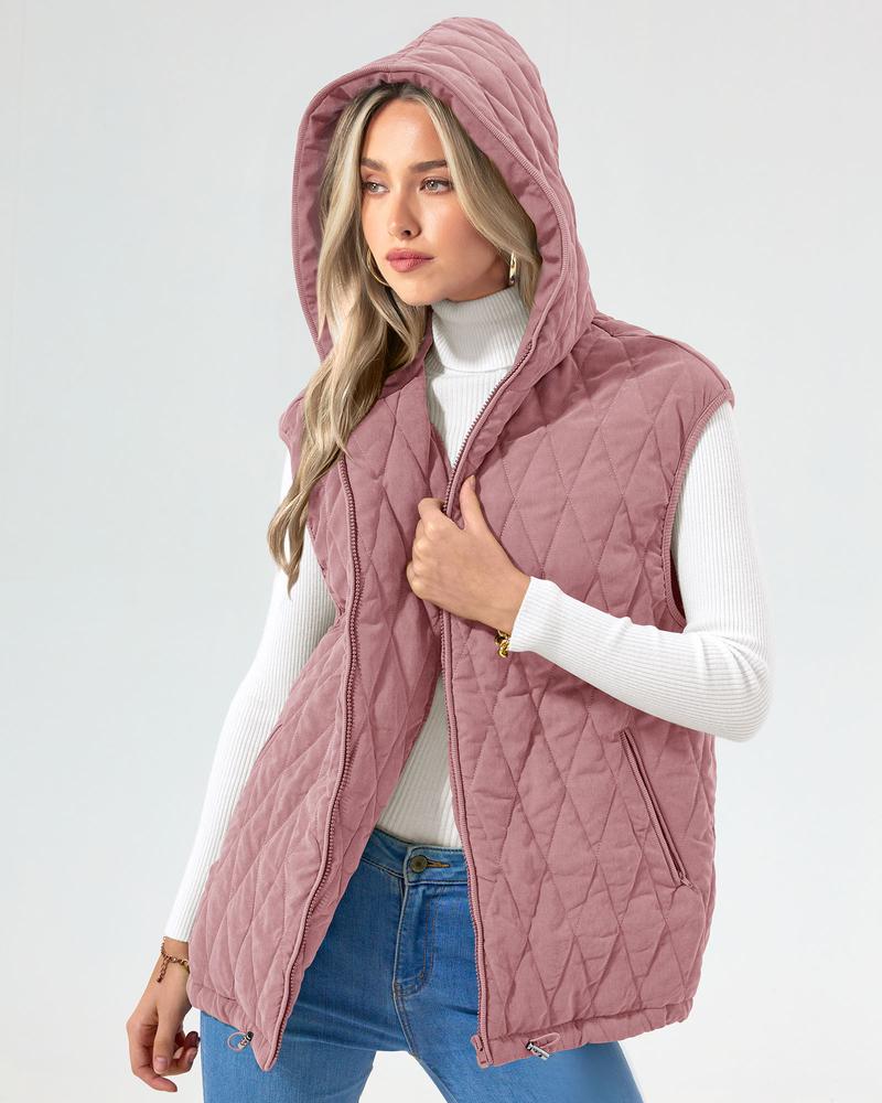 PrettyGarden Women's Quilted Vest Casual Sleeveless Hooded Zip Up Diamond pattern Jacket With Pockets Winter Coat Outerwear Minimalist Top