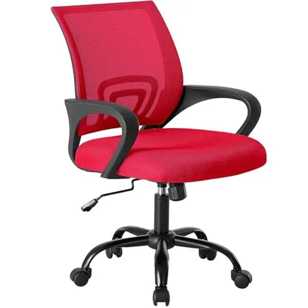 Comfy Mesh Armchair with Fixed Armrests – Ergonomic Mid-Back Desk Chair for Living Room, Bedroom, Height Adjustable 14.7"-17.7" with Lumbar Support & Rocking Mode, Black/Gray/Red
