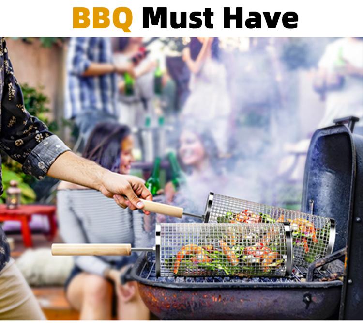 ivtivfu Rolling Grill Baskets 2PCS with Removable Wooden Handles Nesting Design 304 Stainless Steel BBQ Accessories for Vegetables Shrimp Outdoor Camping Kitchen Birthday Gifts for Men Dad Husband - Food