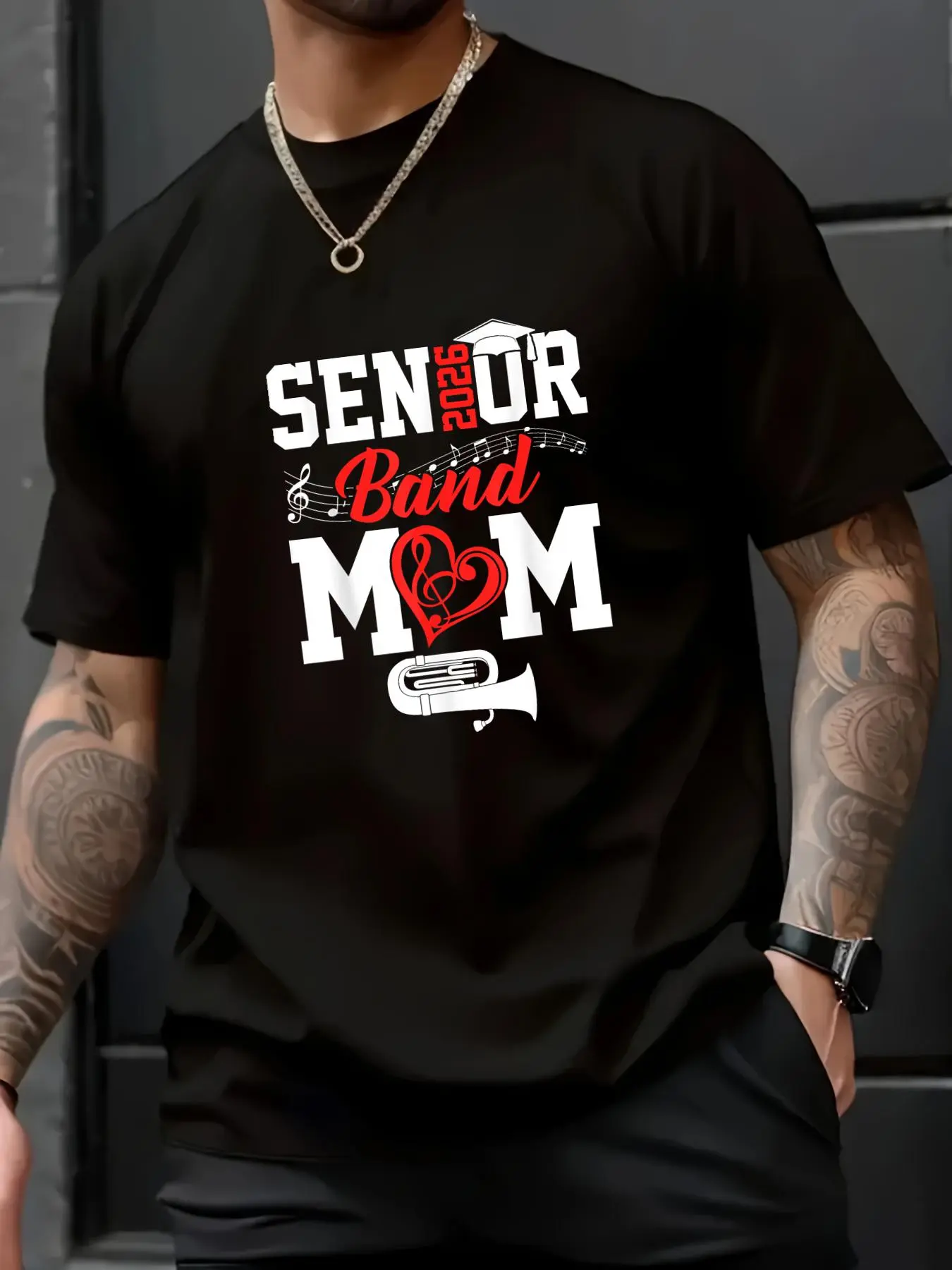 Unisex 2026 Senior Band Mom Tuba Graphic Slogan T-Shirt, 100% Cotton Menswear Top, Casual All-Seasons Round Neck Short Sleeve Loose Fit with Iron-Free Prints, Cold-Wash, Pairable with Fashion Jackets & Jeans