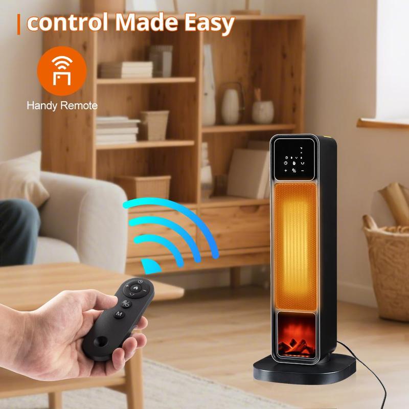 Space Heaters for Indoor Use 1500W PTC Electric Fireplace Heater with 90° Oscillation Child Lock Tip-over Protection Eco Mode 12h Timer Remote Control 3D Flame Effect Home & Office Heating System