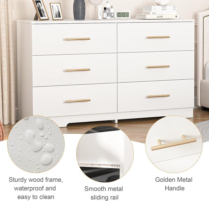 Spaco White Dresser for Bedroom, Modern Large 6 Drawer Dresser w/Gold Handle,Storage Chest of Drawers,Wood TV Stand Dresser,Dresser Bedroom Furniture