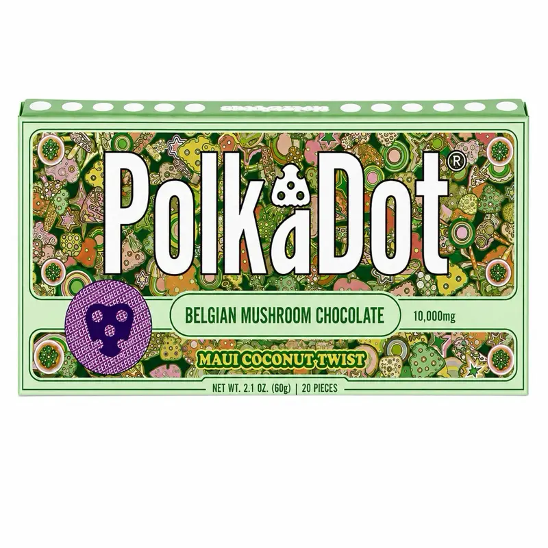 Polkadot Belgian Chocolate, Maui Coconut Twist, 20 Count, High Potency Plant-based Mushroom Snack, 100% Organic, High-Quality Ingredients, Made in USA, All Natural, Healthy Chocolate, 20 Piece Chocolate Bar