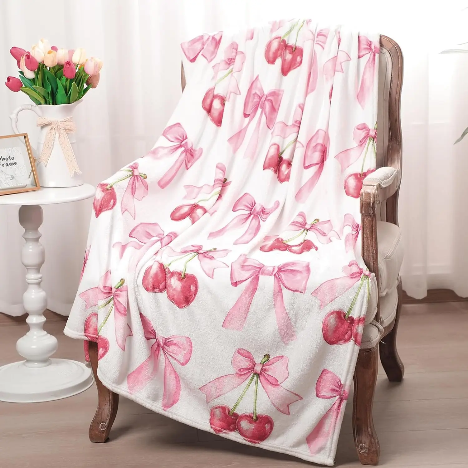 Pink Cherry Blossom Blanket with Bow, Soft Flannel, Lightweight, Bow Decoration, Beautiful Preppy Style, Cute Plush, Room Decor, Christmas Back-to-School Gift, Sofa Travel Bed